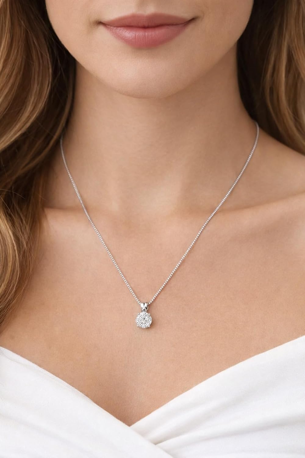 Premium Women's Necklace 925 Sterling Silver with a Zirconia Stone Pendant 8 mm Chain Solitaire Rhinestone Glitter Stone Pendant White Round Drop Bridal Jewellery – Bild 3