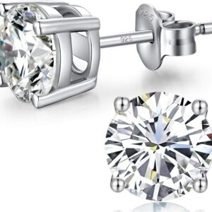 18 Carat White Gold Plated Simulated Diamond, Round Cubic Zirconia Stud Earrings, 925 Sterling Silver, 4 mm, 8 mm, Fine Silver, Black, Gold Jewellery for Men and Women