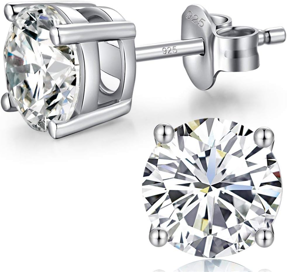 18 Carat White Gold Plated Simulated Diamond, Round Cubic Zirconia Stud Earrings, 925 Sterling Silver, 4 mm, 8 mm, Fine Silver, Black, Gold Jewellery for Men and Women