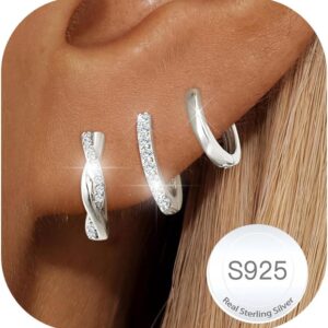 3 Paare Creolen Silber Set 14K Vergoldete Ohrringe für Damen