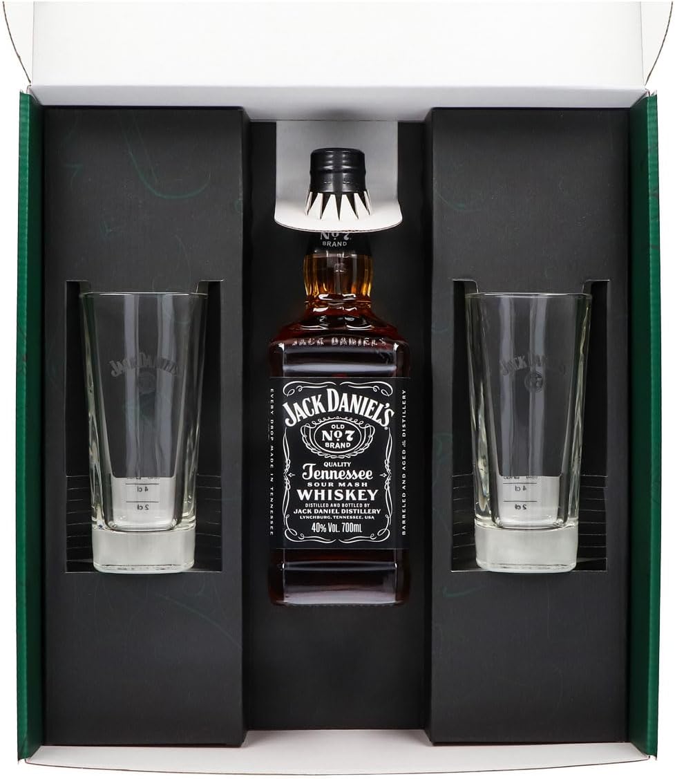 Sipply 3-Piece Gift Set with 2 Long Drink Glasses and 1 Bottle Jack Daniels 0.7 L 40.0% Vol. | with Gift Packaging: Green | Gift for Women Men Mum Dad Girlfriend for Christmas Easter – Bild 3