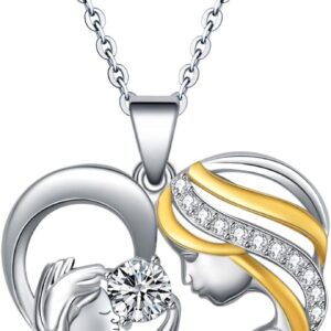 AOBOCO Gift for Mum 925 Sterling Silver Heart Pendant Necklace Mother Chain with Crystals Jewellery for Women