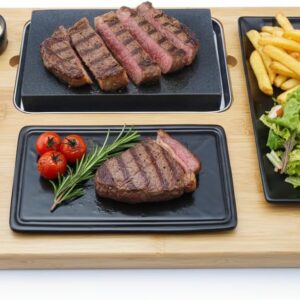Hot Stone Lava Stone Steak Board Model EVO with Slate Plate, 3 Dip Bowls and a Side Plate, 8 Pieces, Hot Stone Steak