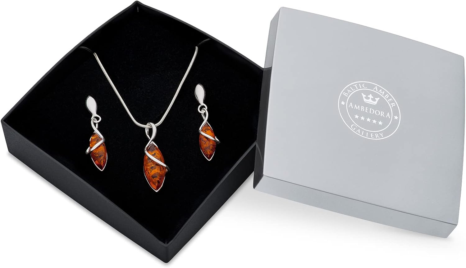 Small Women's Jewellery Set Marquise Sterling Silver 925 Finish Shine Cognac Baltic Amber Pendant with Chain and Earrings – Bild 3