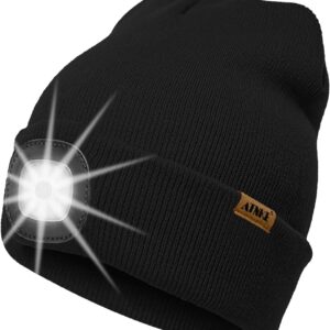ATNKE LED Illuminated Hat with Light, Rechargeable USB 4 LED Illuminated Running Hat Extremely Bright Lamp Winter Warm Knitted Hat Technology Gifts for Men and Women
