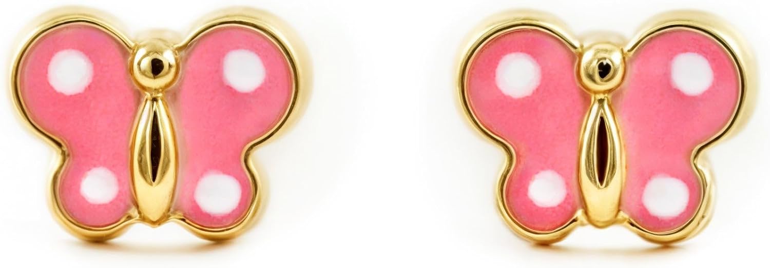 Women's & Children's Pink Butterfly Stud Earrings - Yellow Gold 9 Carat (375) - Gift Box