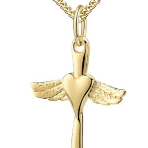 Small Cross Pendant Gold 585 with Heart and Angel Wings Gold Cross with Necklace or without Chain Available + Jewellery Case + Certificate of Authenticity