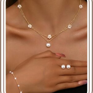 Krfy Jewellery Set Women’s Gold Silver Jewellery Set Stainless Steel Beads Necklace Bracelets Earrings Silver Jewellery Cubic Zirconia Bow Women’s Necklace Bracelet Stud Pearl Necklace Jewellery Women