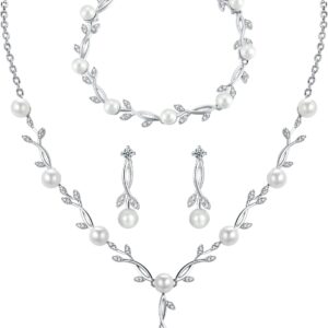Wedding 925 Jewellery Set Silver Women’s Necklace Bracelet Earrings in the Shape of a Leaf with Pearls and Zirconia, Wedding Anniversary Gifts for Bride Women