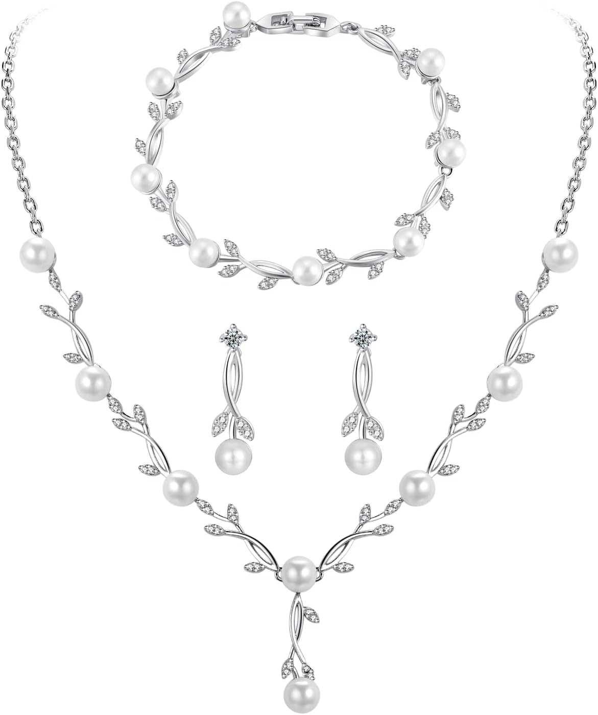 Wedding 925 Jewellery Set Silver Women's Necklace Bracelet Earrings in the Shape of a Leaf with Pearls and Zirconia, Wedding Anniversary Gifts for Bride Women