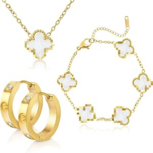 18K Vergoldet Vierblättriges Kleeblatt Armband, 18K Vergoldet Vierblättriges Kleeblatt Anhänger Halskette, Gold Armband Cubic Zirkonia Armreif, 3 PCS Schmuck Set für Geschenke Geburtstags