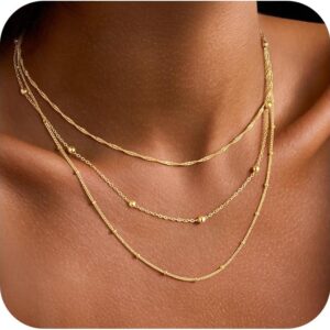 TINGN Pack of 3 Chains Gold Colour Women's 14K Gold-Plated Layered Choker Necklace Delicate Thin Gold Chain Set with Zirconia Links Paper Clips Trendy Jewellery Gift for Women