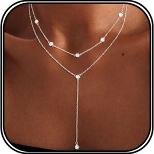 Women’s 925 Silver Chain, Double Layering Necklace with Long Cubic Zirconia Pendant, Elegant Y Chain Silver for Women, Jewellery Gift for Girlfriend, Mother, Daughter, Pack of 2