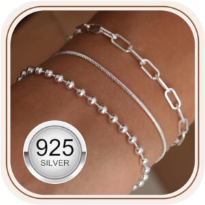 3 Pieces Bracelet Silver 925 Women’s Stackable Bracelets Set Adjustable Bracelet Snake Chain Bracelets for Women Silver Bracelet Jewellery with Gift Box