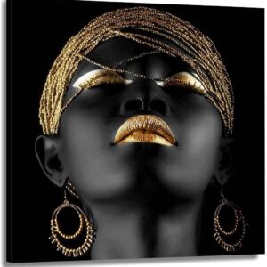 ARTEDinoi Afrikanische Frau Goldlippen Goldschmuck schwarz Leinwandbild XL