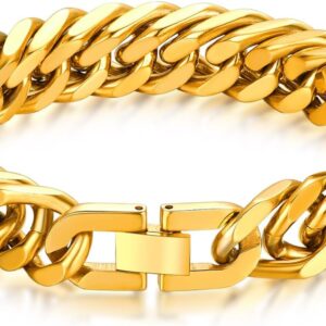 Bandmax Men's Bracelet Stainless Steel Curb Bracelet 6/8/12/17 mm Solid Cuban Link Bracelet 19/21/23 cm Heavy Curb Chain Bracelet with Folding Clasp Men's Bangle Jewellery for Birthday Father's Day