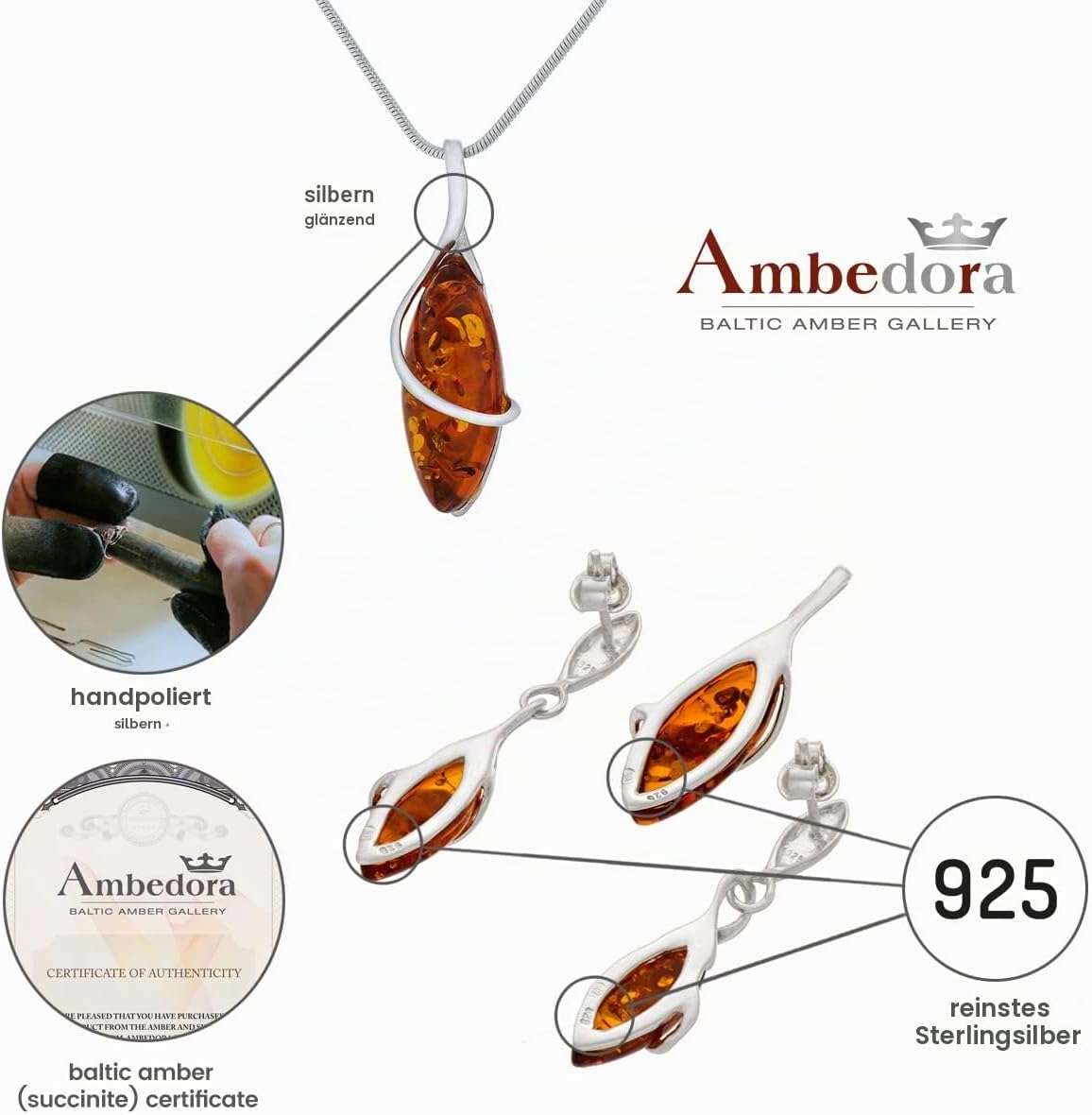 Small Women's Jewellery Set Marquise Sterling Silver 925 Finish Shine Cognac Baltic Amber Pendant with Chain and Earrings – Bild 4