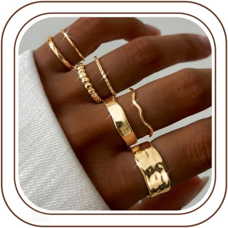 Chriscoco Women's 14K Gold-Plated Open Rings Stacking Rings Chunky Minimalist Ring Set Finger Ring Wedding Rings Engagement Ring Promise Jewellery Gifts for Women Pack of 7