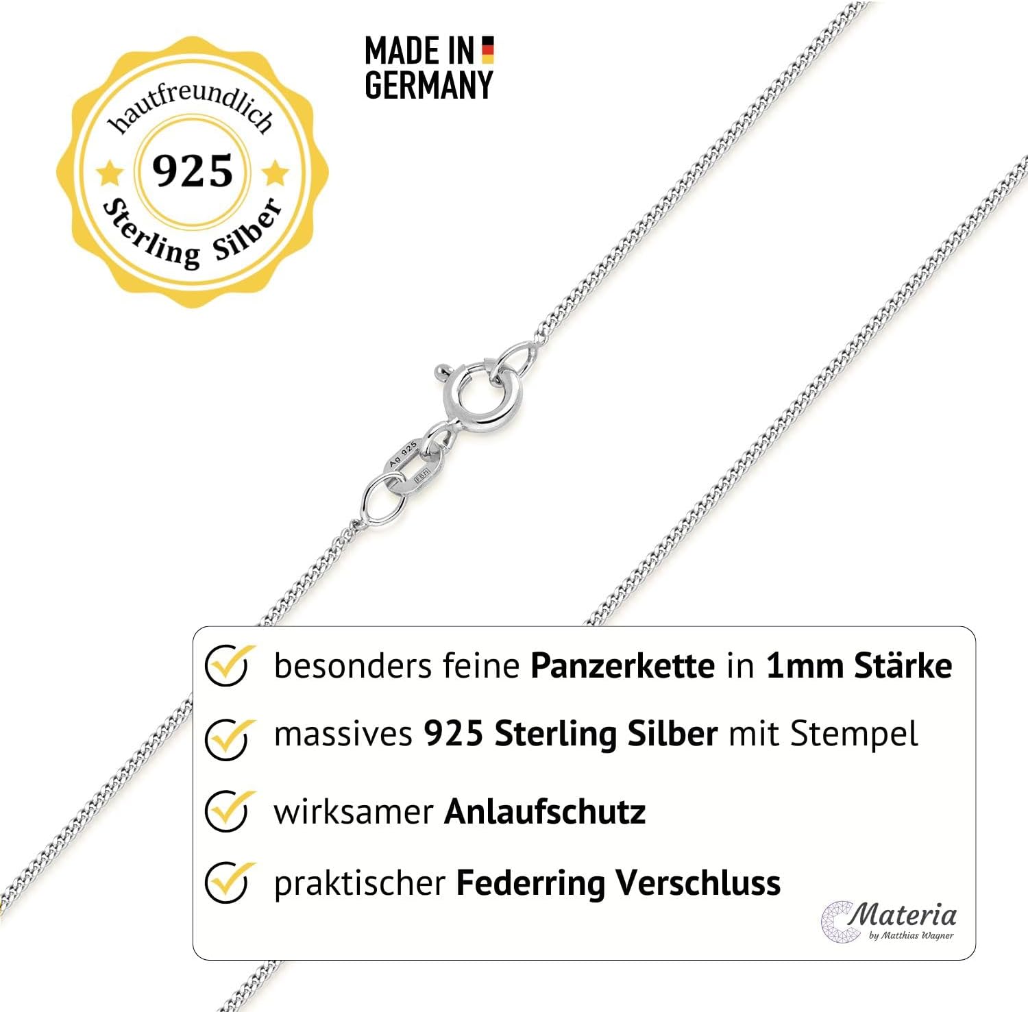 Materia #K32 Women’s Silver Necklac, Fine 925 Silver, 1 mm Curb Chain, Jewellery, 40–120 cm – Bild 2