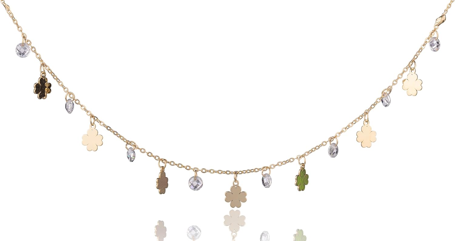 Silver Necklace Fantasy Clover Leaf Yellow Gold Zircon White – Bild 2