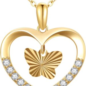 375/9K Echte Gold-Herzkette für Frauen, Gelbgold-Halskette mit diamantgeschliffenem Schmetterling in Herzform, Geschenke Für Geburtstag Weihnachten 40+5 cm