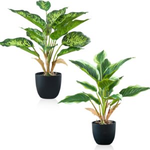 Pack of 2 Artificial Plants in Pot, Monstera Artificial Plant, Indoor Plant, Decorative Plant, Plastic Plant, Decorative Plant, Spotted + Yellow Bordered 37 cm for Bedroom, Office
