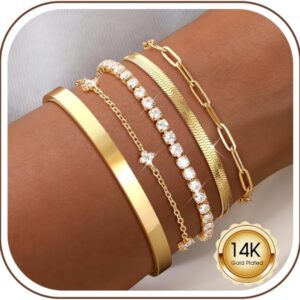 Krfy 5 Women's Gold Silver 14K Gold-Plated Jewellery Bracelet Set Dianty Adjustable Stackable Bracelets CZ Tennis Bracelets Herringbone Chain Bracelets for Women and Girls Bracelet Gifts