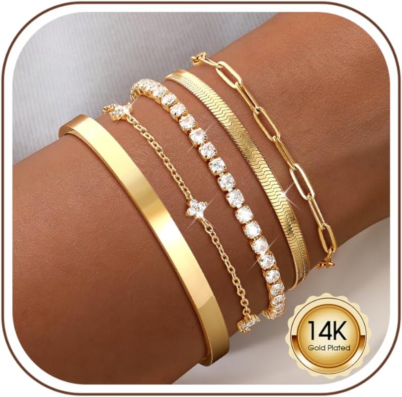 Krfy 5 Women's Gold Silver 14K Gold-Plated Jewellery Bracelet Set Dianty Adjustable Stackable Bracelets CZ Tennis Bracelets Herringbone Chain Bracelets for Women and Girls Bracelet Gifts
