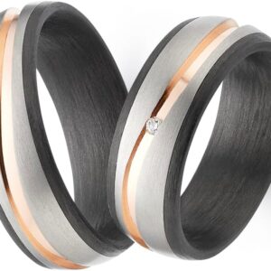 Blue Moon Diamonds Wedding Rings & Partner Rings Made of Titanium, Carbon & Rose Gold with Diamond 0.010 Carat W/SI, Pair of Wedding Rings with Engraving and Case, 7 mm, Size 50-74, Model 4286