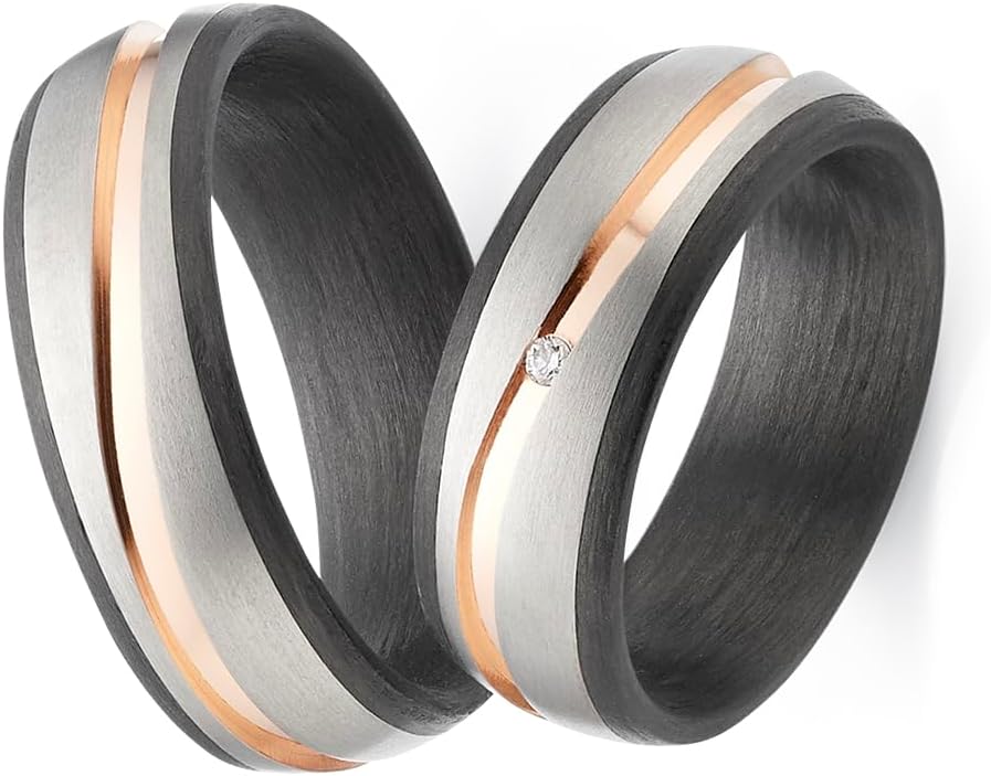 Blue Moon Diamonds Wedding Rings & Partner Rings Made of Titanium, Carbon & Rose Gold with Diamond 0.010 Carat W/SI, Pair of Wedding Rings with Engraving and Case, 7 mm, Size 50-74, Model 4286