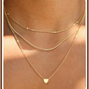 Chriscoco Women’s Layering Necklace, 3 Pieces, 14 K Gold-Plated Chain, Waterproof Chain, Silver Gold Chain, Silver Chain with CZ Heart Cross Pendant for Women