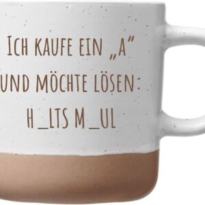 Laser Tattoo Mug Engraved with German Text „Ich kaufe ein A und möchte lösen: H_lts M_ul, 360 ml, Stoneware, Funny Office Gift for Colleagues, Dishwasher Safe (H_lts M_ul)