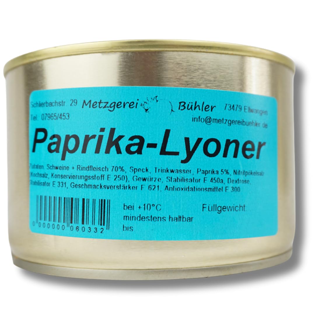 Paprika Lyoner Canned Sausage 120 g 190 g 300 g 390 g Sausage Canned Pepper Meat Sausage in a Tin Traditional German Sausage Preserve from Landmetzgerei Bühler (390g)