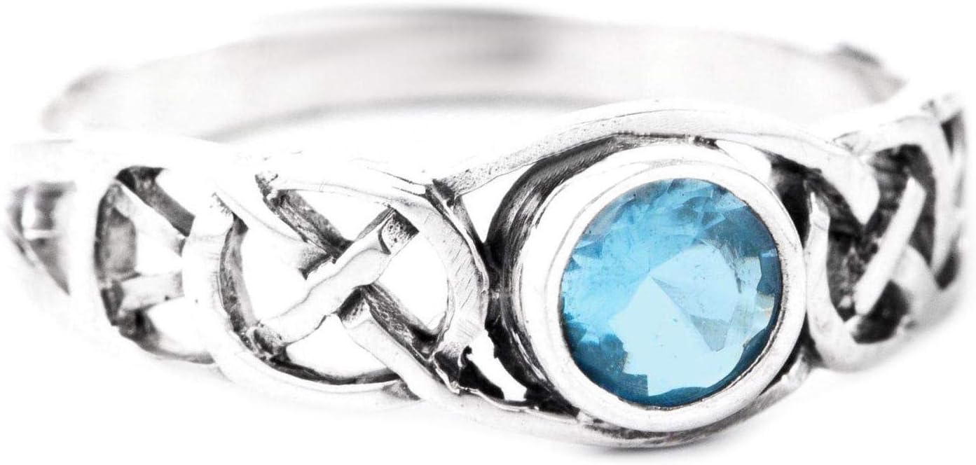 WINDALF TÂMIA Celtic Ring 6mm Blue Topaz Engagement Ring with Cubic Zirconia 925 Sterling Silver