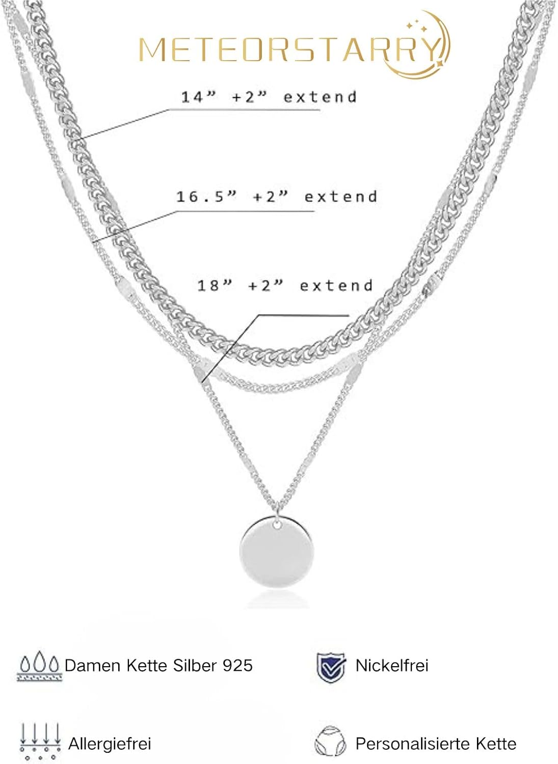 Halsreif Damen Silber 925 Sterling, 3PCS Layering Lange Silberkette Kette Silber 925 Damen mit Anhänger Halsketten Chain Damenkette für Frauen – Bild 4