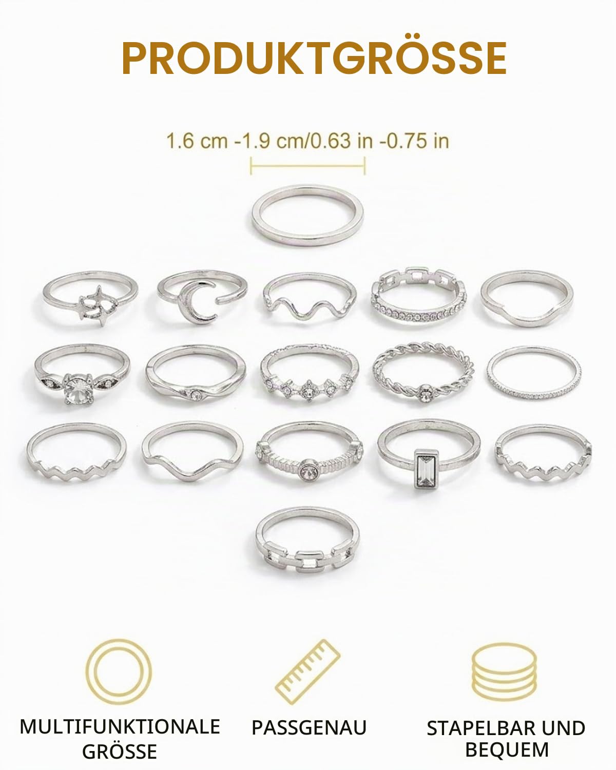 Pack of 22 Waterproof Silver Gold-Plated Stackable Statement Rings for Women, Chic Finger Ring Set (Silver) – Bild 4