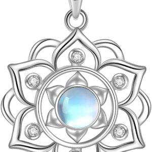 YAFEINI Lotus Necklace 925 Sterling Silver Moonstone Pendant Necklace Yoga Lotus Jewellery for Women
