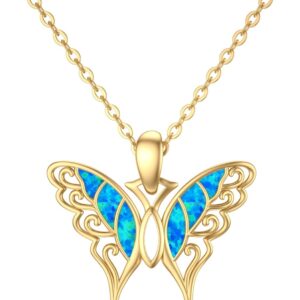 9K Real Gold Butterfly Necklace with Opal for Women, 375/9ct Gold Butterfly Pendant Necklace, Butterfly Gifts for Birthday, Christmas, 40+5cm