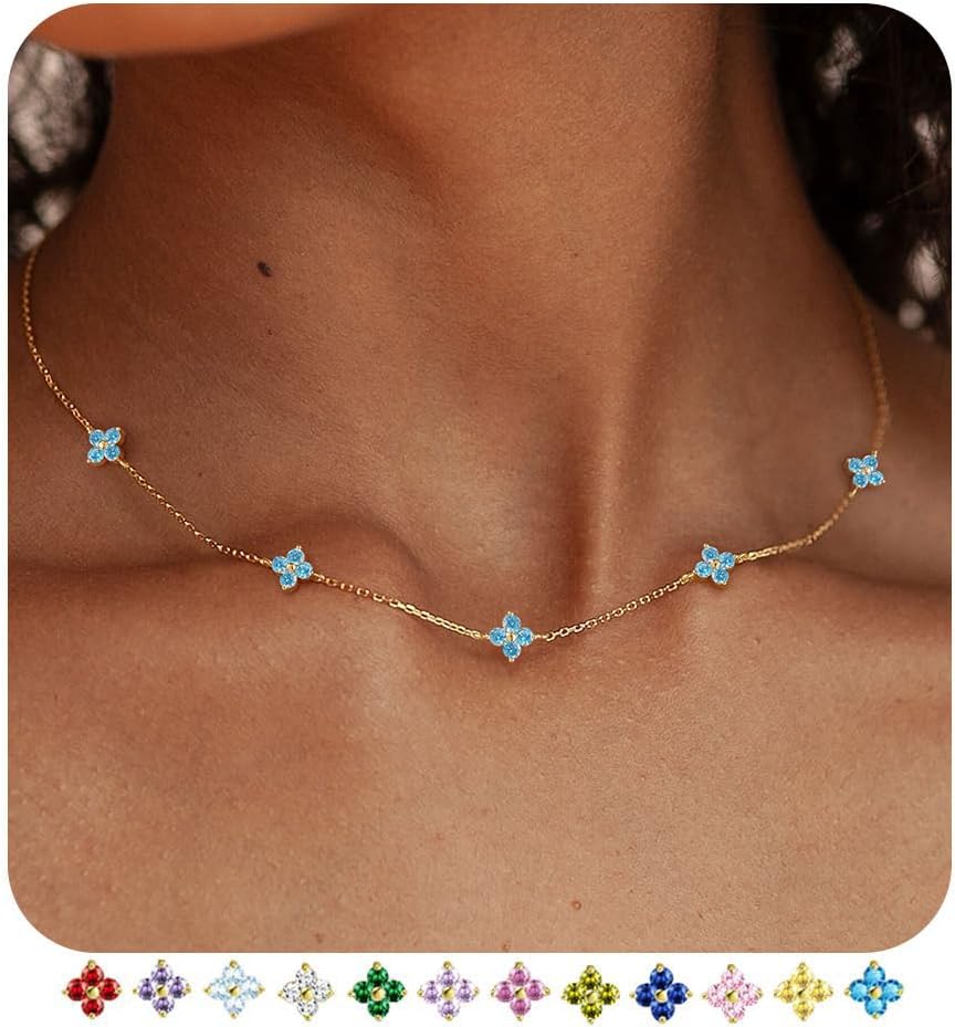 FUNEIA Women's Gold Necklace 18 Carat Gold-Plated with Birthstone Pendant Waterproof Gold Chain with Clover Leaf Adjustable Golden Chain for Girlfriend Women Girls Gold Jewellery Birthday Gift