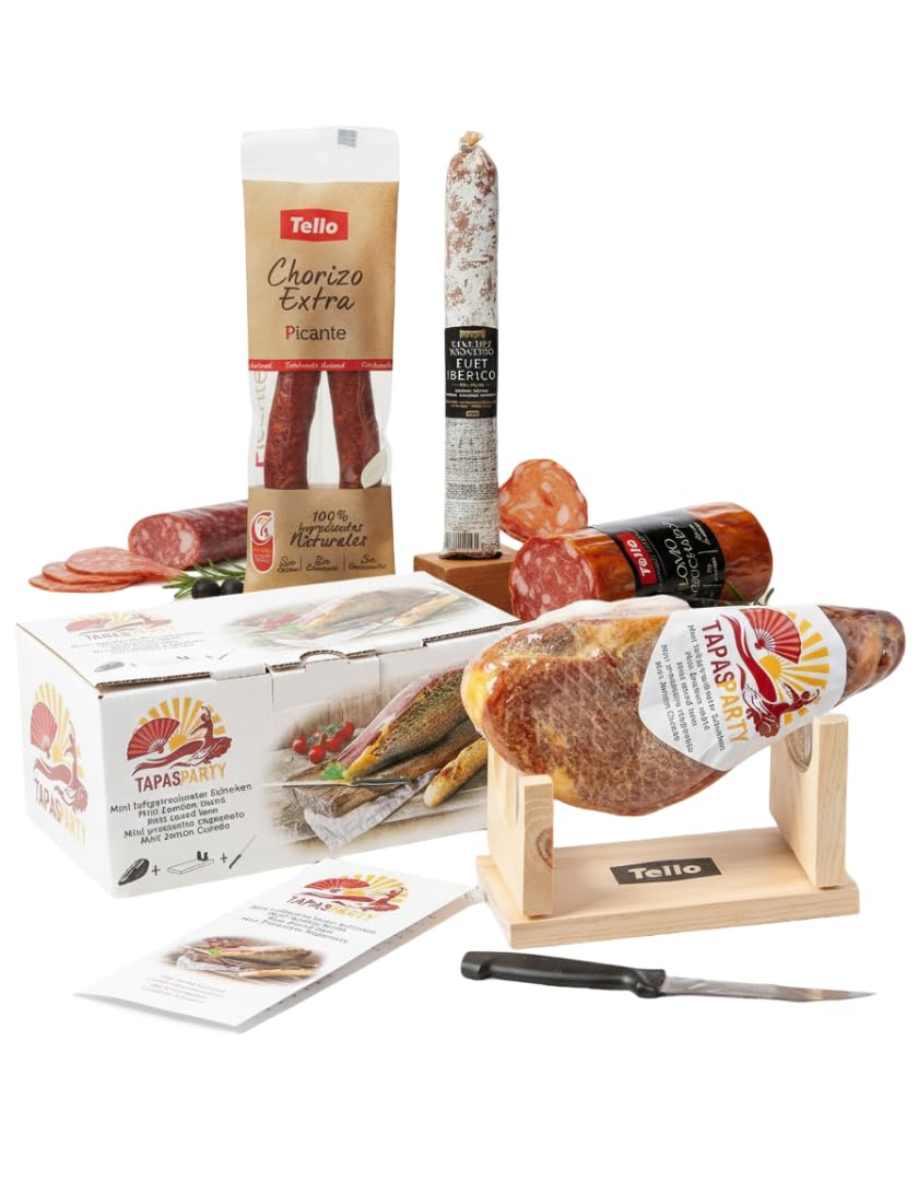 Spanish Tapas Party Deluxe Set | Mini Serrano Ham (1 kg) with Stand & Knife + Chorizo, Lomo, Fuet | Gourmet Gift Basket & Delicatessen from Spain