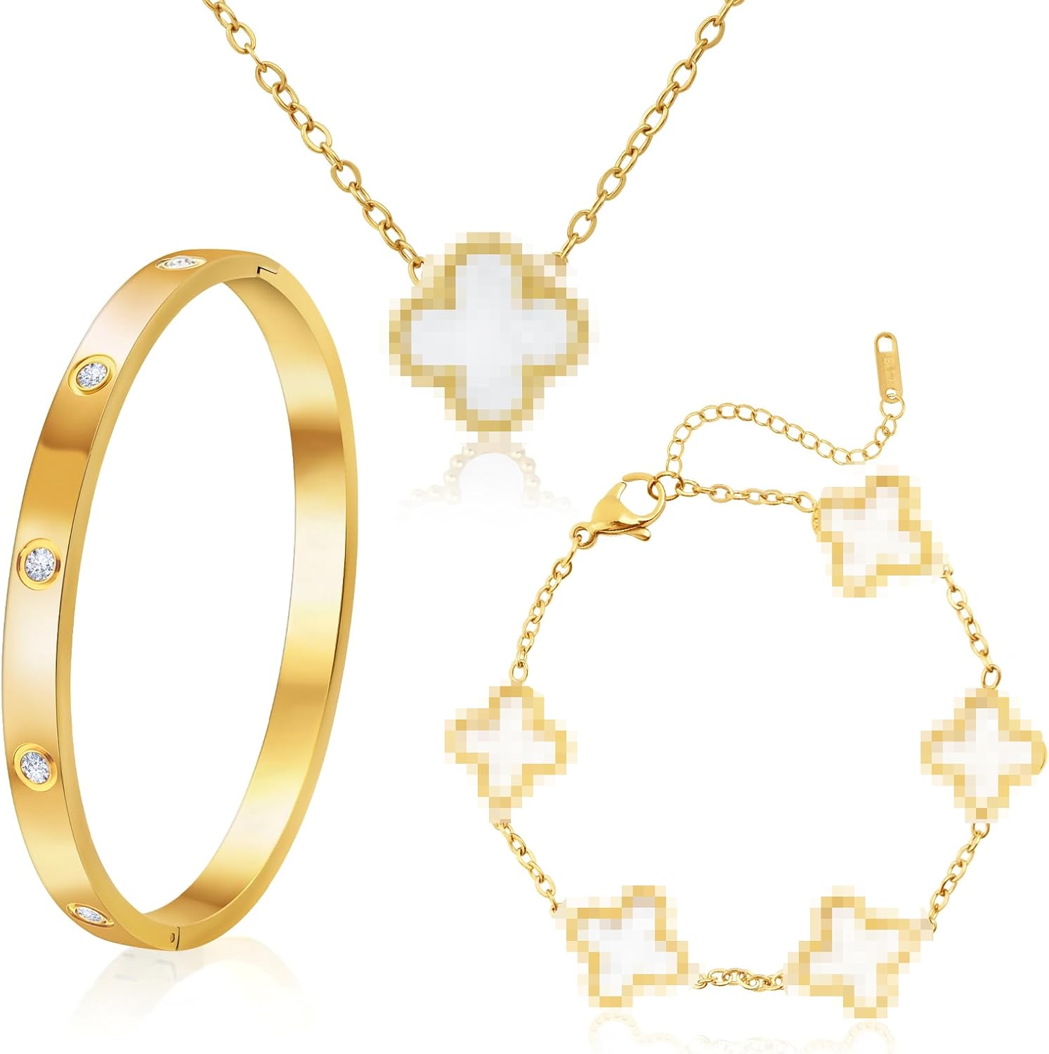 18K Vergoldet Vierblättriges Kleeblatt Armband, 18K Vergoldet Vierblättriges Kleeblatt Anhänger Halskette, Gold Armband Cubic Zirkonia Armreif, 3 PCS Schmuck Set für Geschenke Geburtstags