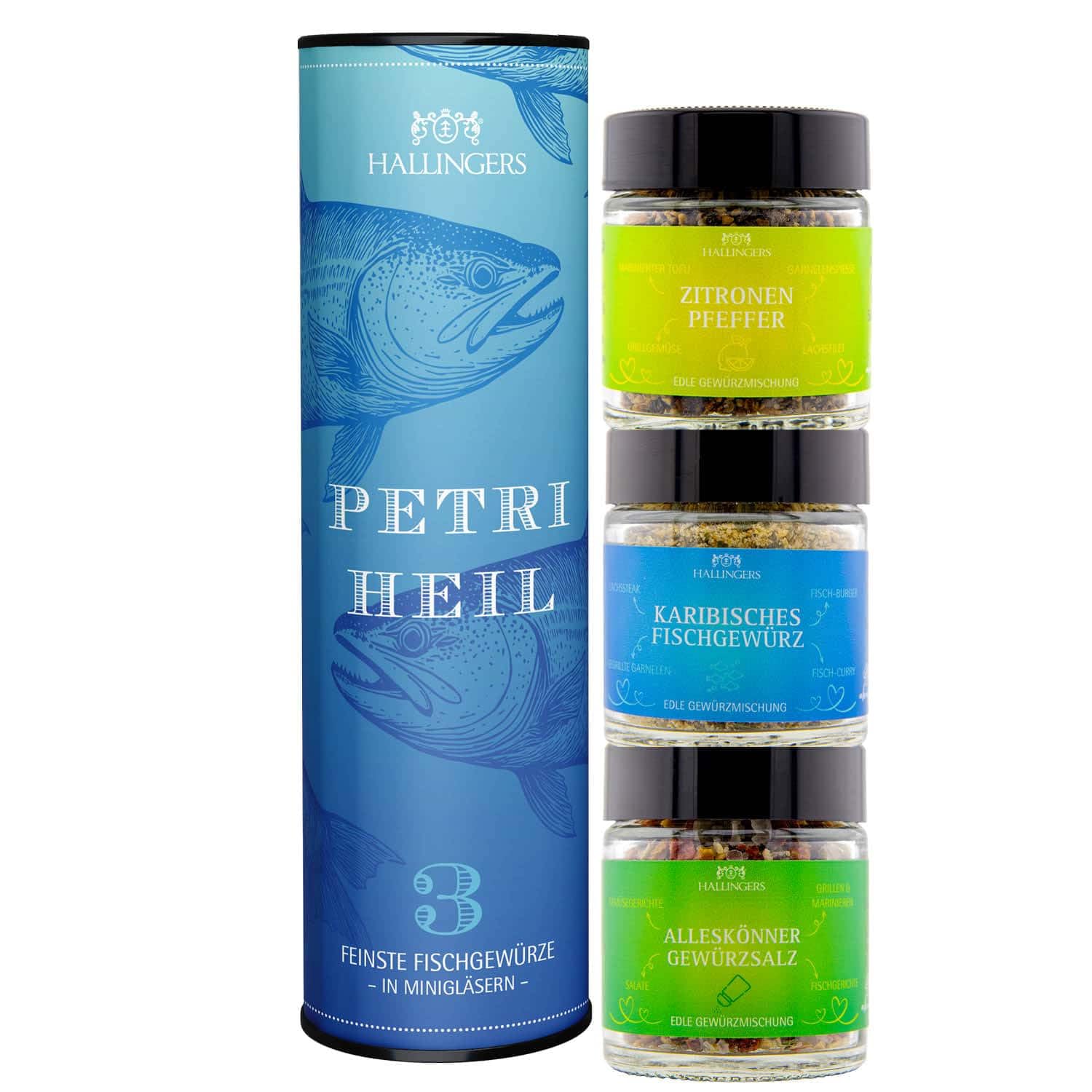 Hallingers Genuss Manufaktur Spice Gift Set – 3 Spices from around the World as Tasting Set in High-Quality Gift Tin "Petri Heil", Gift Idea for Fishermen