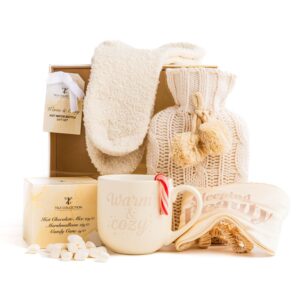 Hot Chocolate Gift Set with Mug Marshmallows and Mini Winter Hot Water Bottle Gift Sets with Hot Water Bottle Cover Cosy Present for Women Men Adults