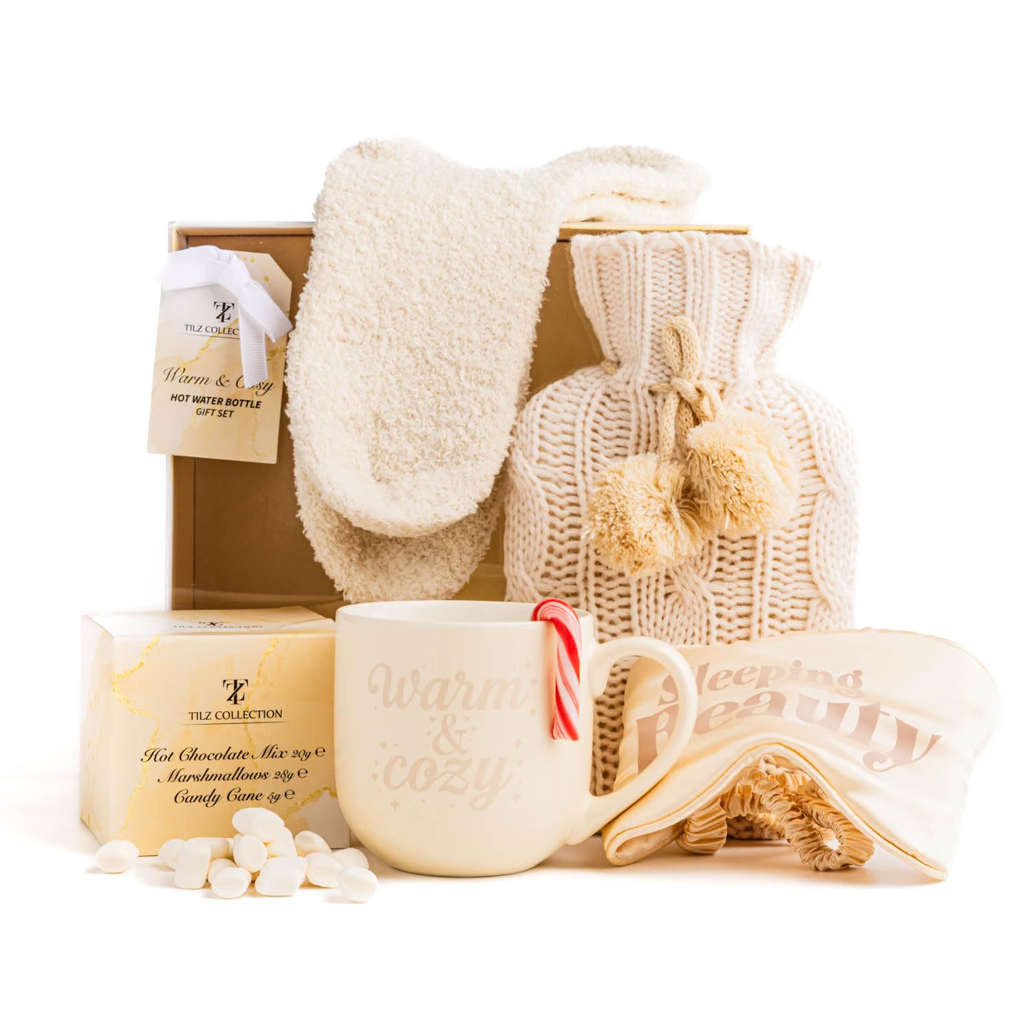 Hot Chocolate Gift Set with Mug Marshmallows and Mini Winter Hot Water Bottle Gift Sets with Hot Water Bottle Cover Cosy Present for Women Men Adults