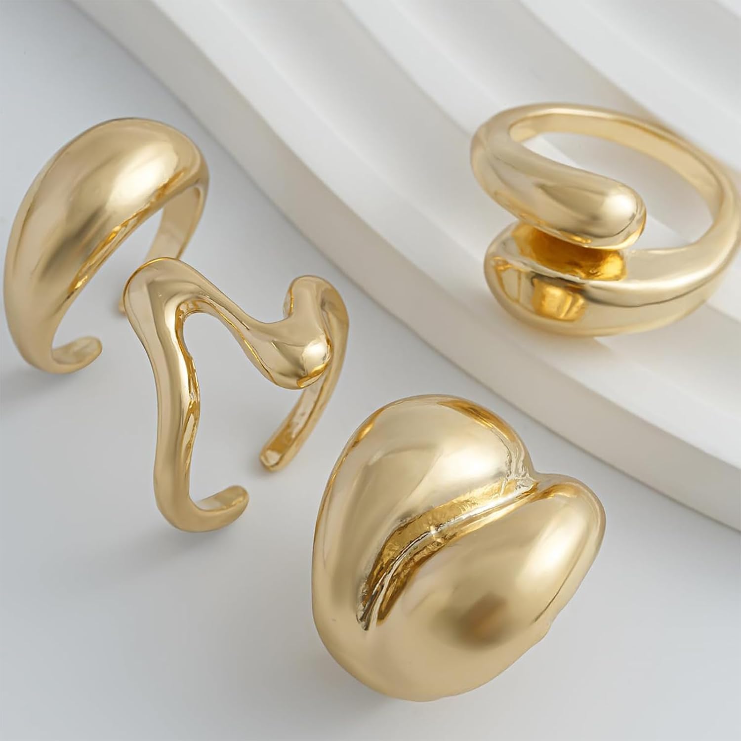 Set of 4 Gold Women's Chunky Rings, Waterproof Rings, Gold-Plated Stackable Statement Rings, Gold Jewellery – Bild 5