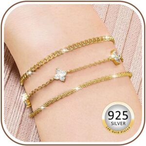 BMMYE Set of 3 Women’s Bracelets, 925 Sterling Silver, Hypoallergenic, Adjustable, 14K Gold Plated with Cubic Zirconia Bracelets Set, Birthday Jewellery Gift for Women