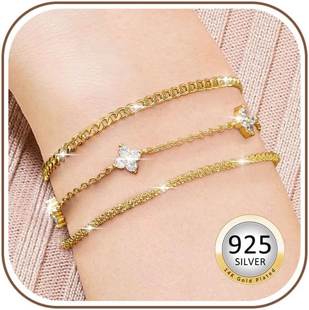 BMMYE Set of 3 Women's Bracelets, 925 Sterling Silver, Hypoallergenic, Adjustable, 14K Gold Plated with Cubic Zirconia Bracelets Set, Birthday Jewellery Gift for Women