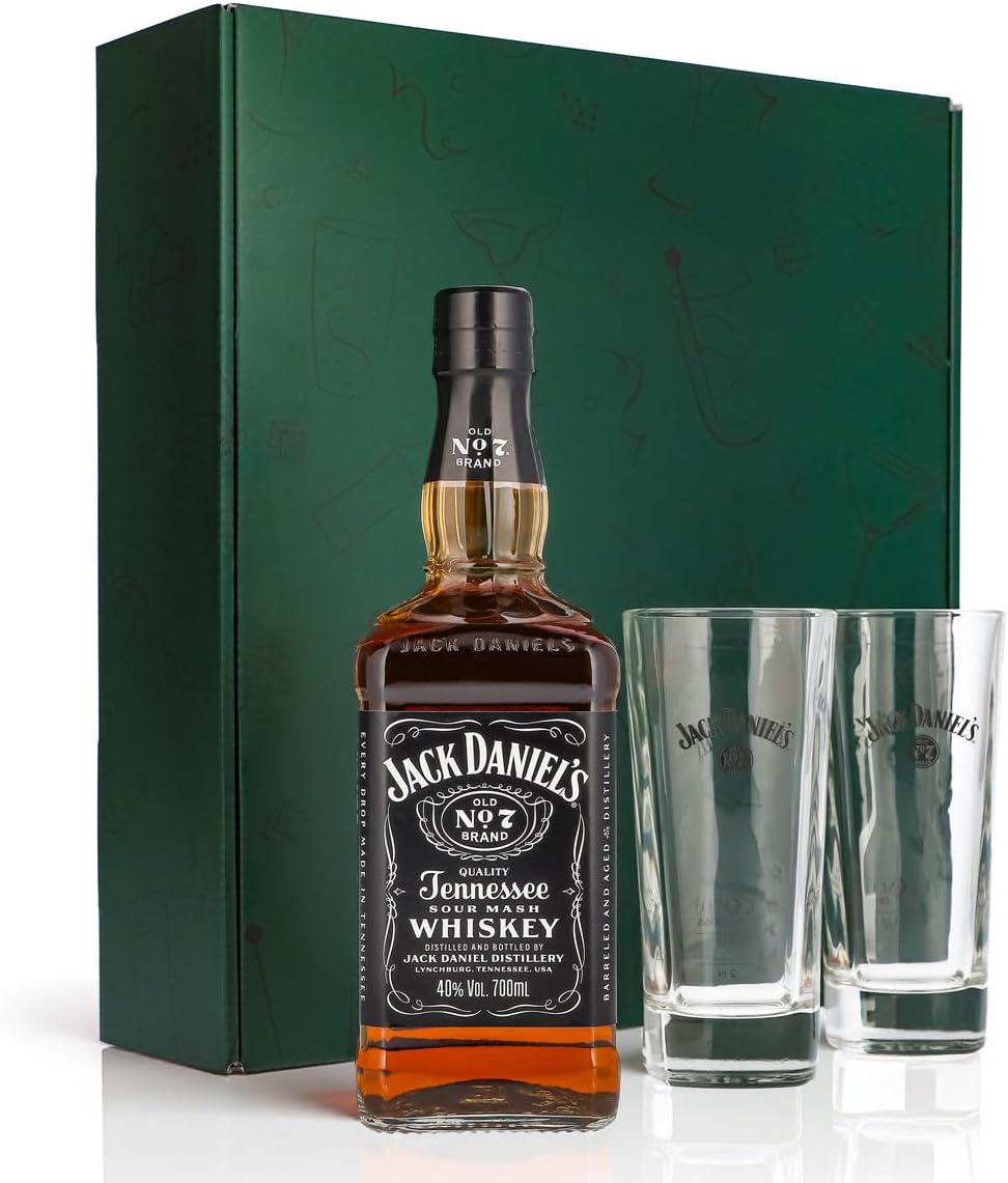 Sipply 3-Piece Gift Set with 2 Long Drink Glasses and 1 Bottle Jack Daniels 0.7 L 40.0% Vol. | with Gift Packaging: Green | Gift for Women Men Mum Dad Girlfriend for Christmas Easter