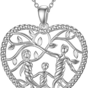 Women's Tree of Life Necklace 925 Sterling Silver Mother Children Daughter Son Tree of Life Family Heart Pendant Jewellery Gifts for Mum Girls