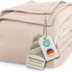LAYNENBURG Premium Cotton Blanket, 150 x 200 cm, Oeko-Tex 100, Cotton Mix Cuddly Blanket, Sofa Blanket and Couch Blanket, Cuddly Warm Wool Blanket, Made of Cotton (Beige)